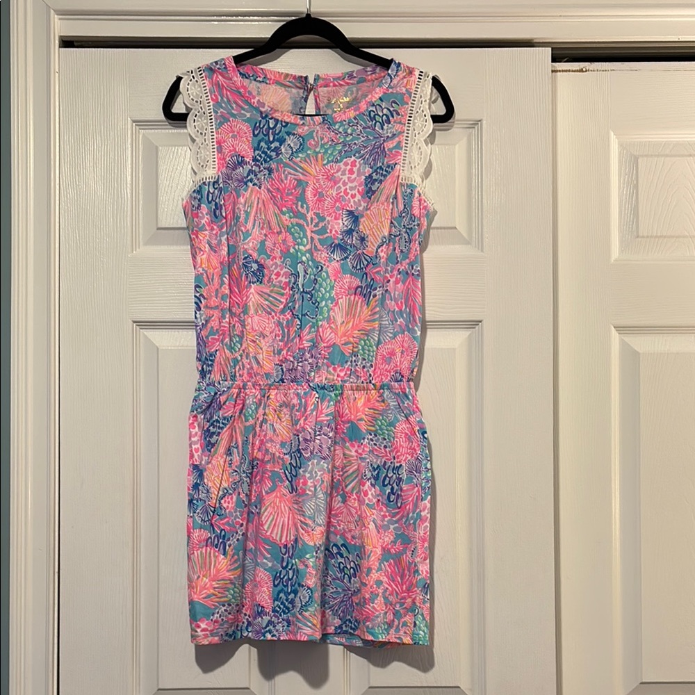 Lilly Pulitzer Pink and Blue Floral Seashell Romper with Lace Detail